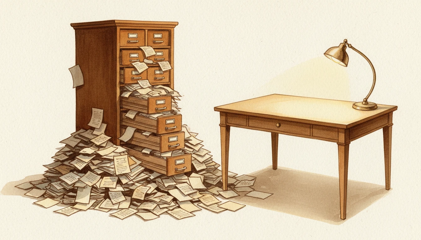 Warm watercolor illustration of an overflowing filing cabinet with papers spilling onto the floor beside a pristine empty desk where a single lamp shines on nothing