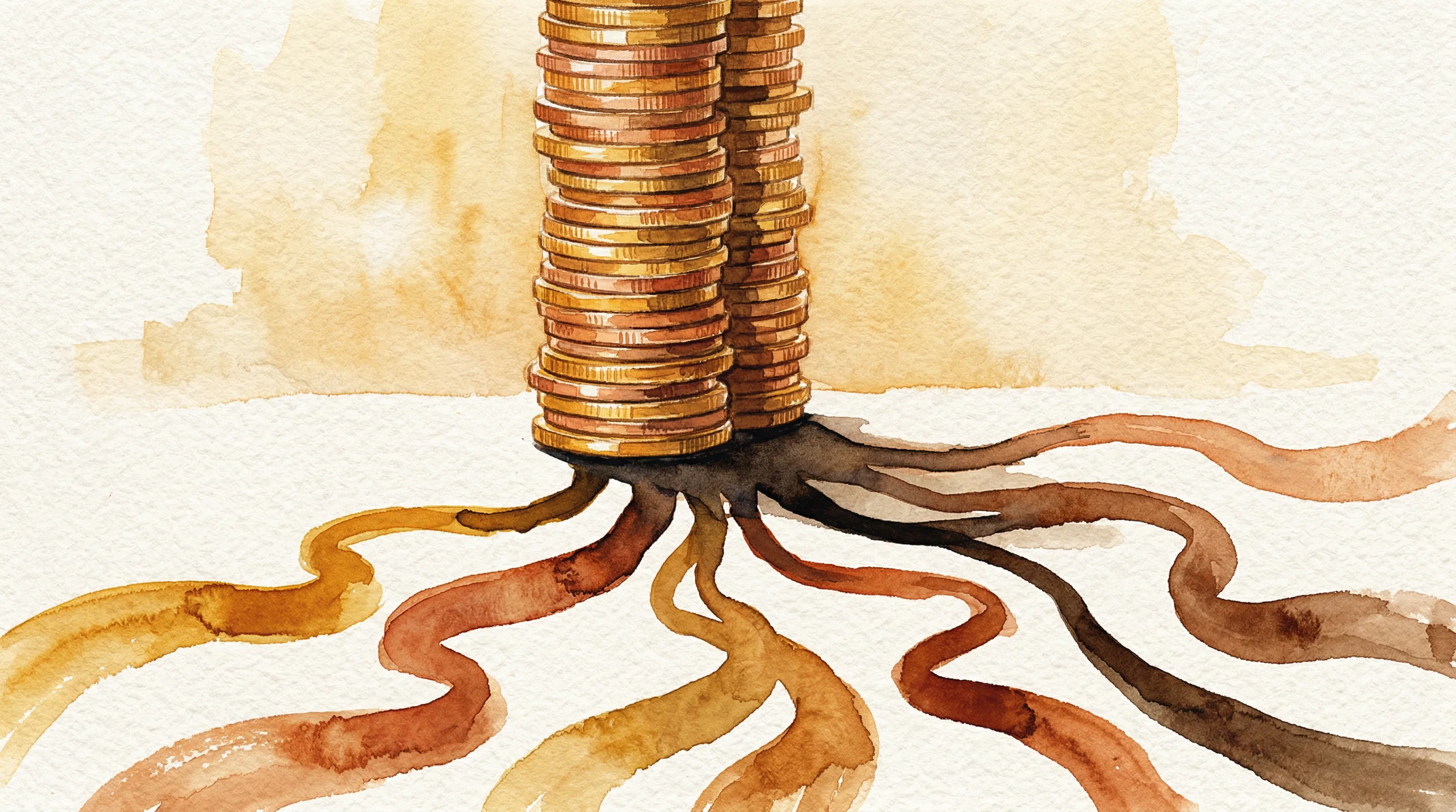 Warm watercolor of gold coin stacks casting branching shadow paths, representing the billions lost to predictable AI failure patterns