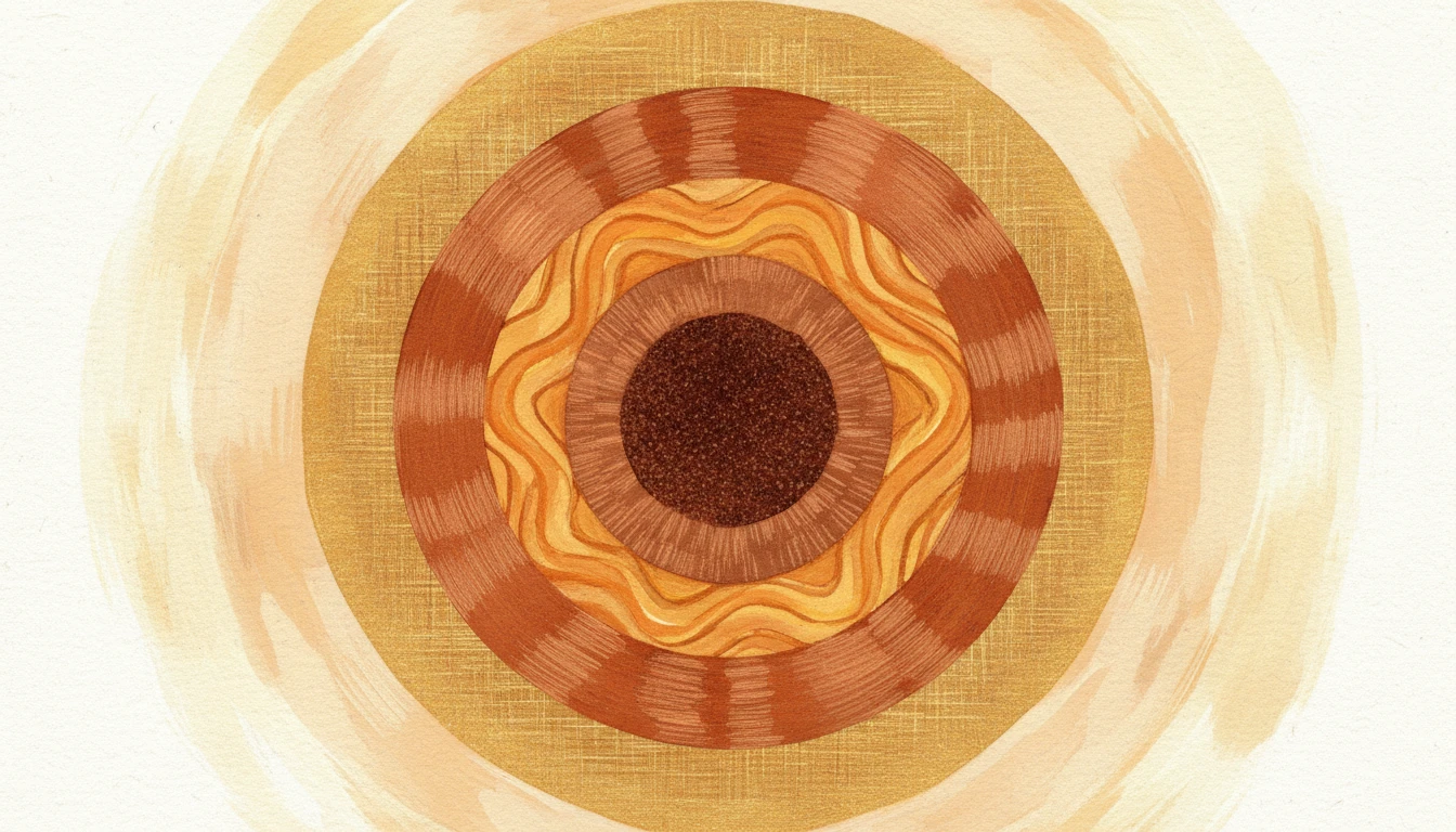 Warm gouache illustration of concentric rings in graduated warm tones — from deep espresso at center through copper, amber, gold, to cream — representing blast radius tiers of AI trust design
