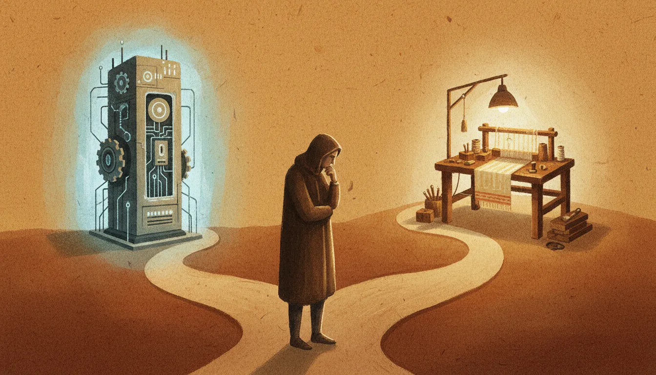 Warm watercolor illustration showing a hand hovering over a decision point, with two diverging paths ahead — one labeled 'Automate' ascending, one labeled 'Don't' descending into a paradoxical loop