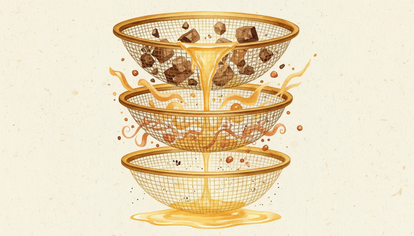 Warm watercolor illustration of four stacked golden mesh sieves filtering errors of decreasing size — representing the four layers of evaluation and quality judgment