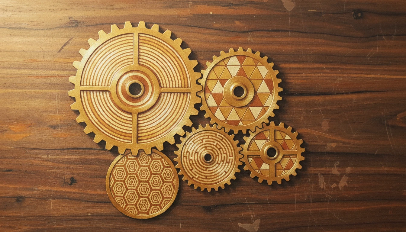 Warm gouache illustration of four interlocking golden gears with distinct patterns — representing the four components of Specification Precision