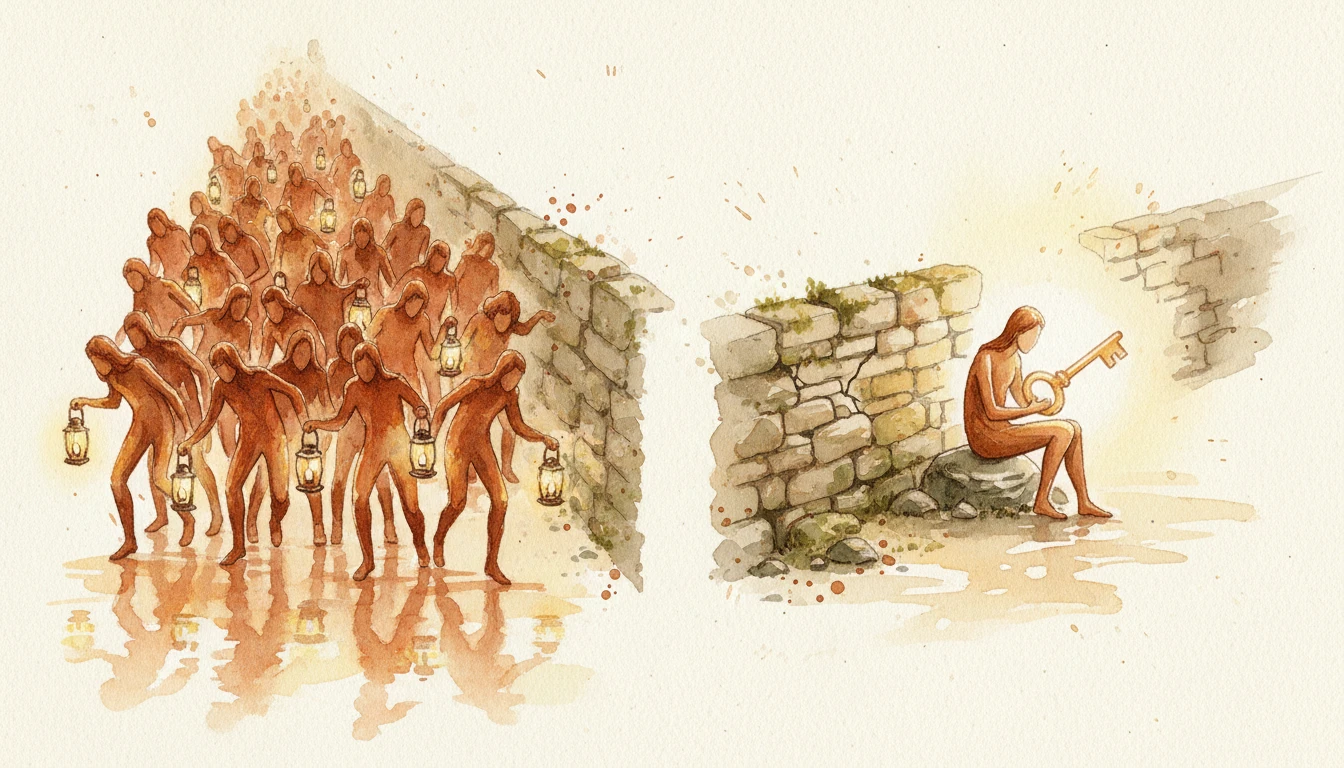 Warm watercolor illustration of two parallel paths — a crowd searching with lanterns on one side, a single calm figure holding a glowing key on the other, separated by a thin wall