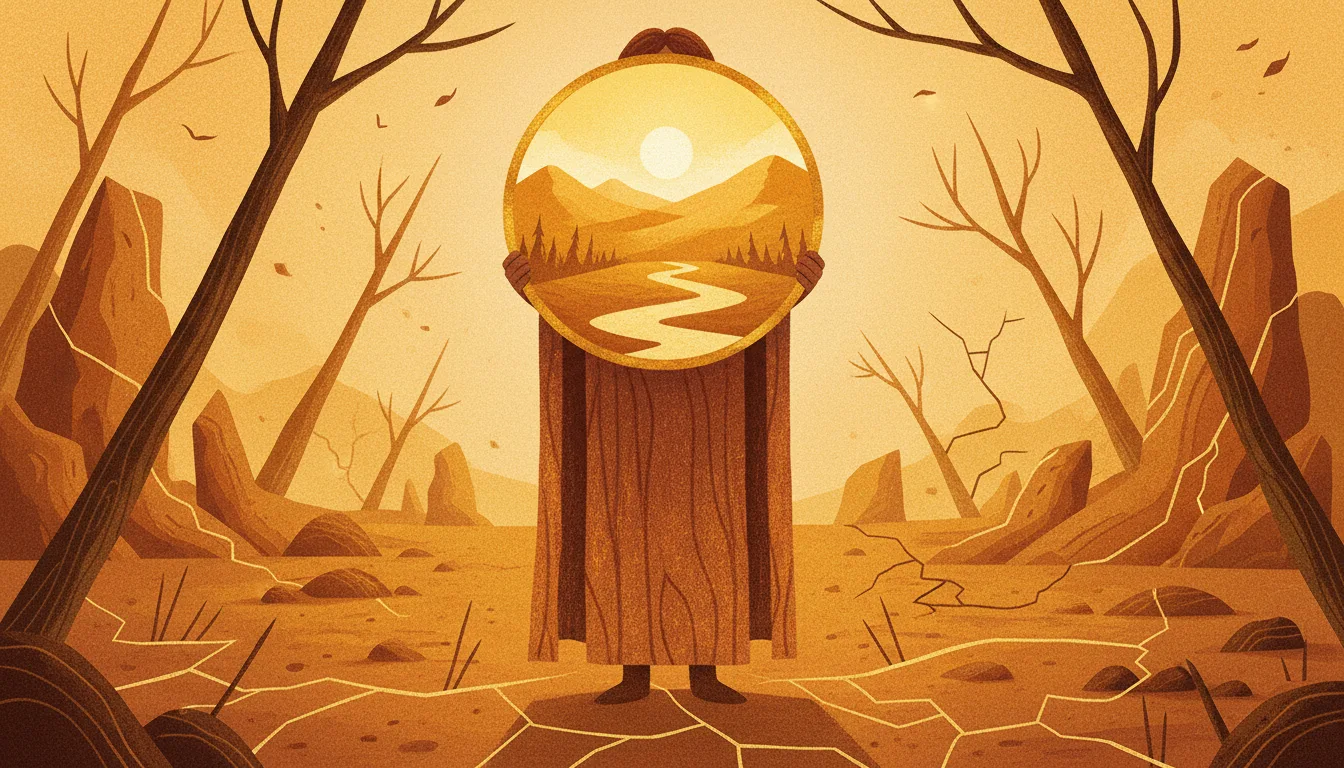 Warm gouache illustration of a cloaked figure holding a mirror showing a perfect golden landscape while the reality behind is cracked and barren — representing the gap between AI confidence and accuracy