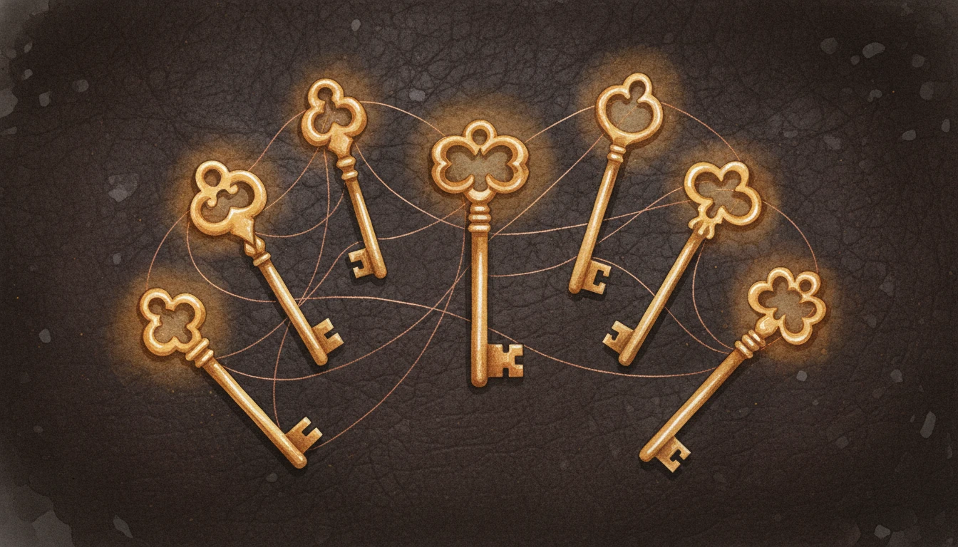 Watercolor illustration of seven golden keys connected by copper threads on dark leather — representing the seven AI skills that unlock real value