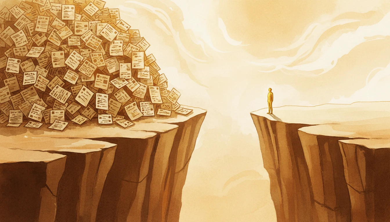 Watercolor illustration of a gap between two cliffs — one piled with job postings, the other with a lone figure — representing the 3.2:1 AI talent gap