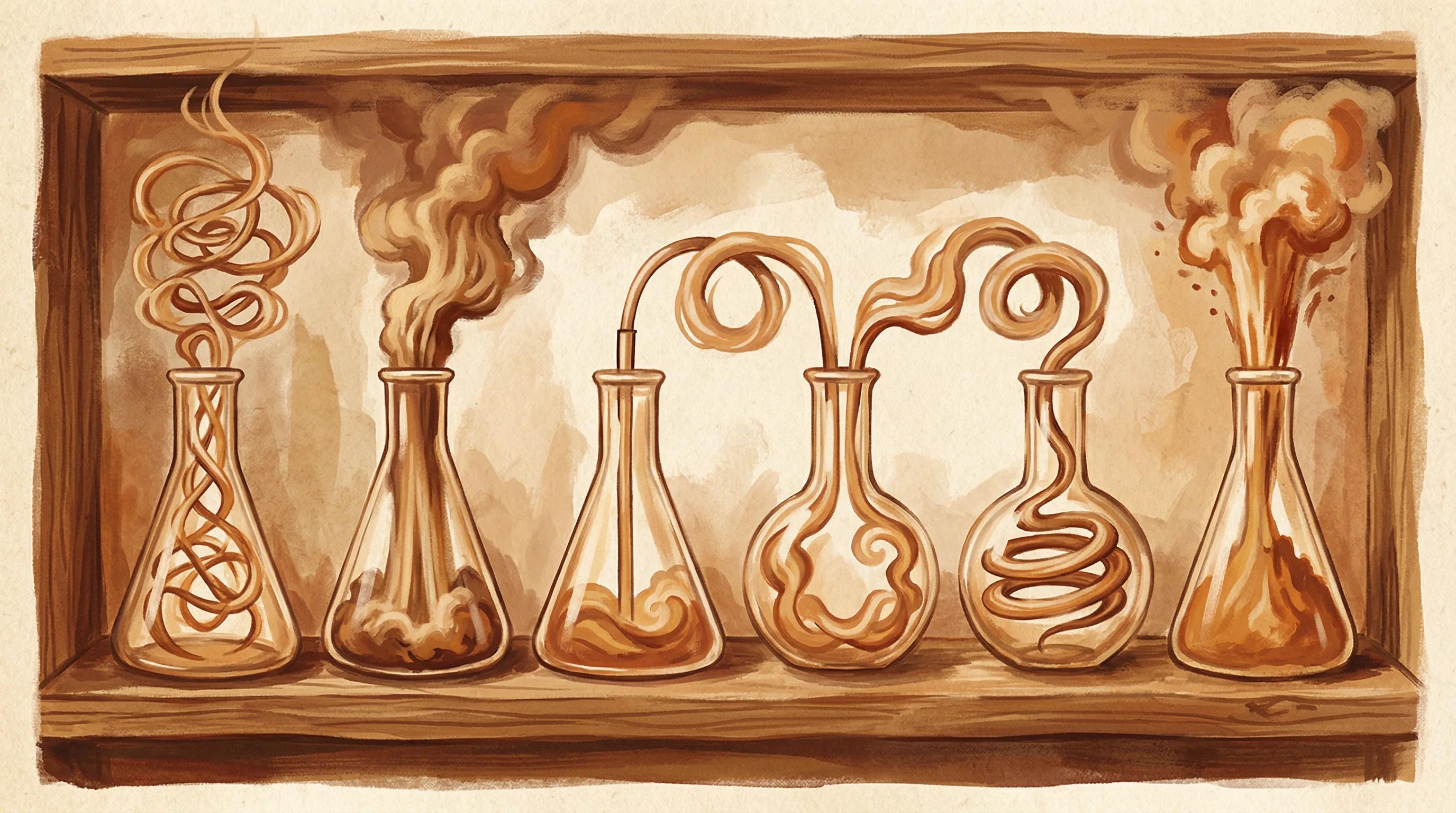 Warm gouache illustration of six laboratory flasks with distinct smoke patterns on a wooden shelf, representing the six AI failure types