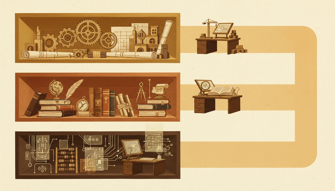 Warm gouache illustration of three tiered shelves in different warm tones, each with carefully organized materials connected by golden light to specialized workstations below