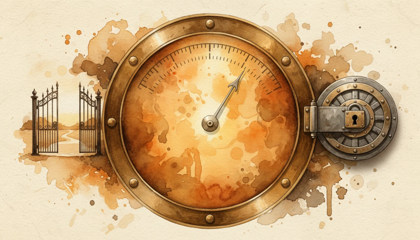 Warm watercolor illustration of a brass gauge dial between an open gate and a locked vault door — the needle rests in a calibrated middle zone glowing with golden light — representing dynamic trust calibration