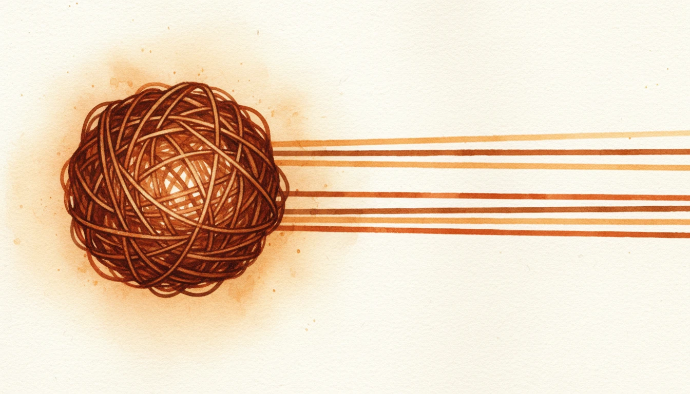 Warm watercolor illustration of a tangled ball of wire unraveling into neat parallel strands — representing the transformation from chaos to structured decomposition