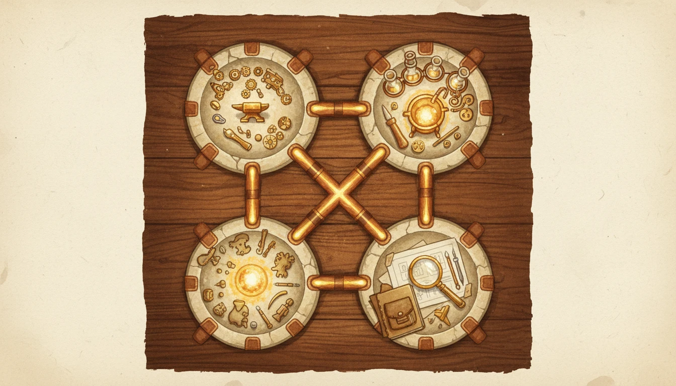 Warm gouache illustration of four specialized workstations arranged in a diamond pattern, connected by copper pipes — representing the four components of task decomposition