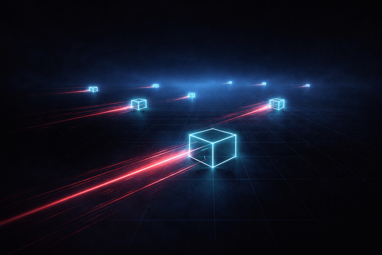 Autonomous geometric agents moving freely through an unbounded space — representing AI agents operating without guardrails