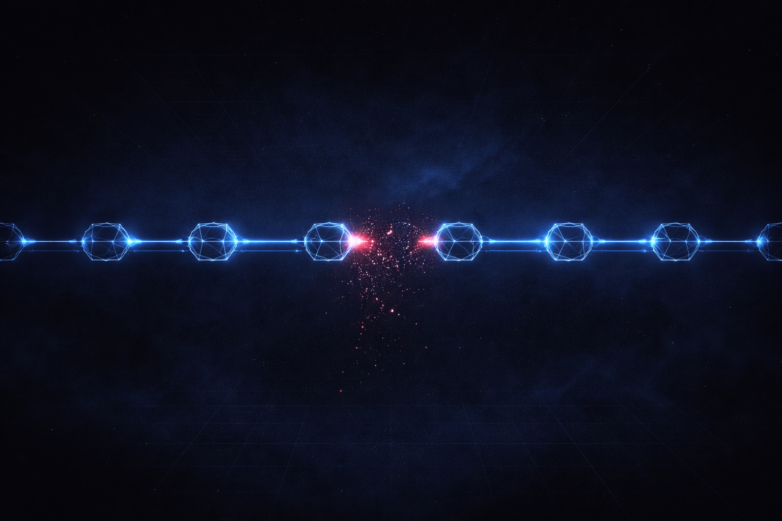 A fractured chain of geometric nodes with a broken connection at the center — representing the accountability gap when AI systems fail
