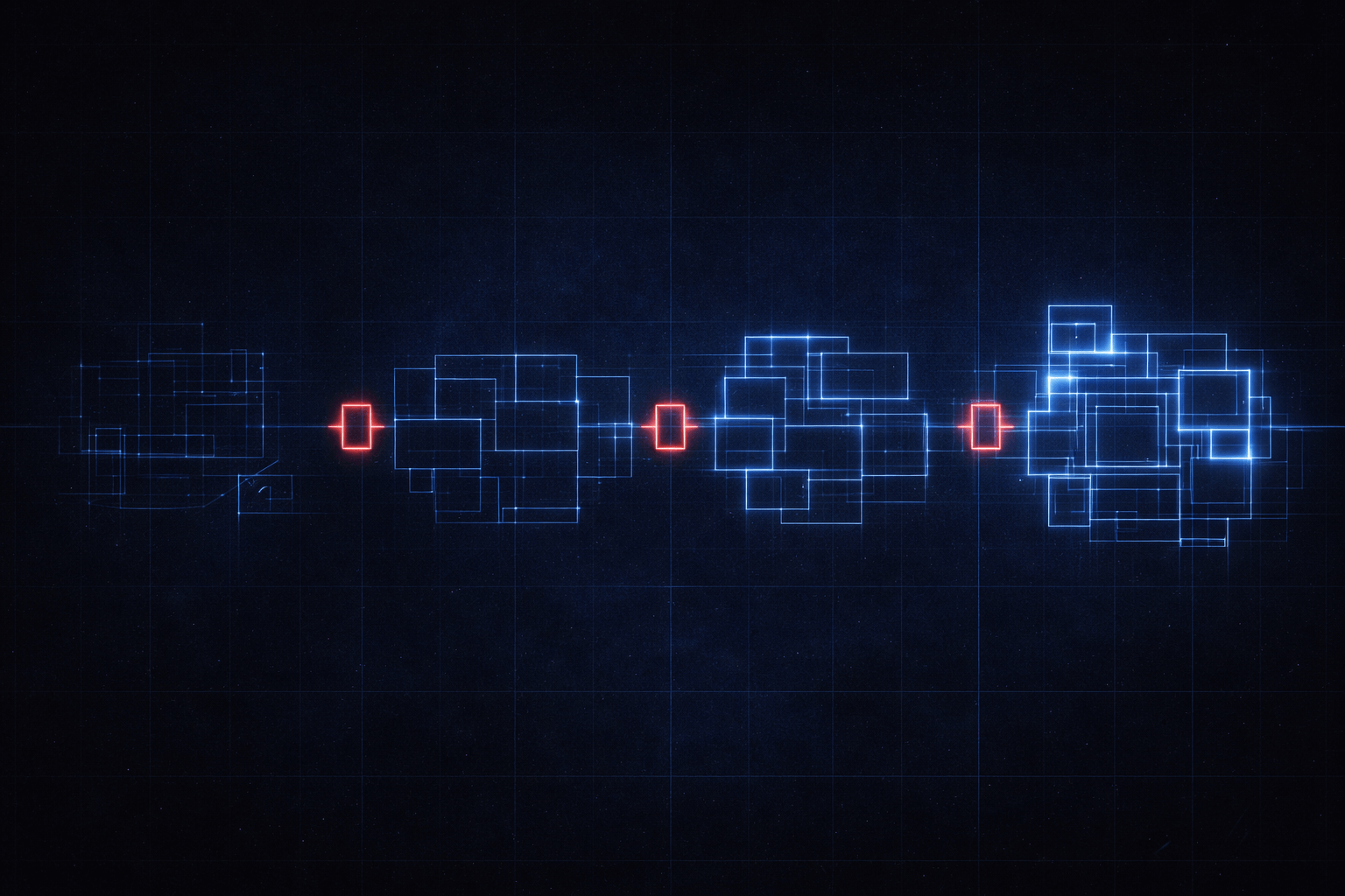 A top-down blueprint showing a four-phase governance framework emerging from sketch to fully realized structure