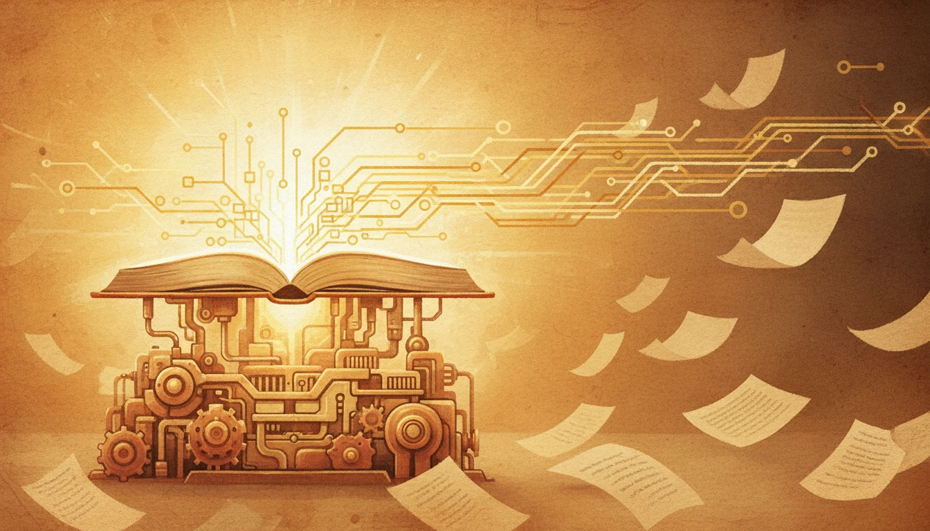 Warm gouache illustration of golden streams of organized knowledge flowing from an open book into a glowing machine, with scattered papers drifting away in the background