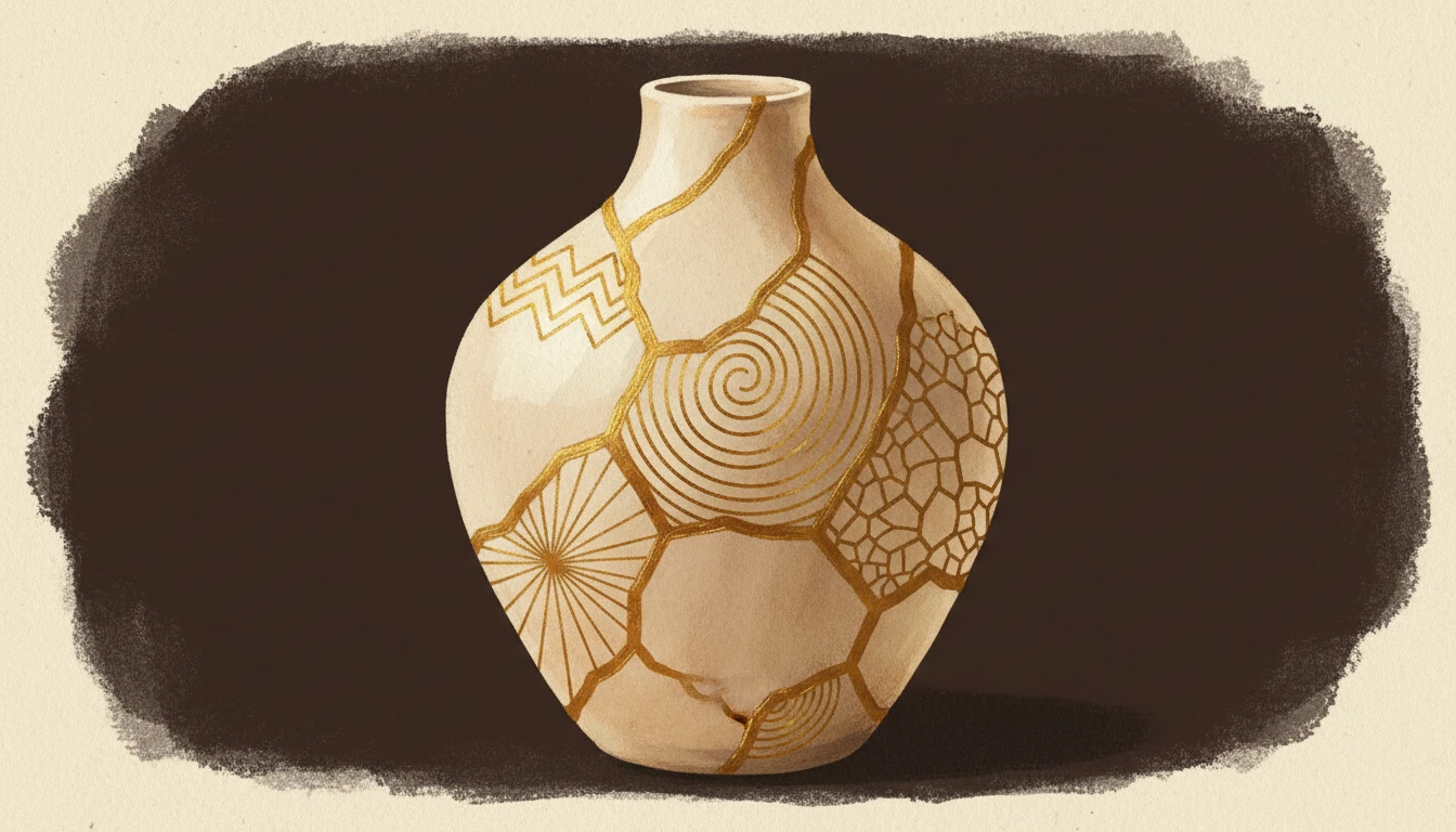 Warm gouache illustration of a porcelain vase with six distinct crack lines repaired with molten gold in the Japanese kintsugi style — each golden seam following a different predictable pattern
