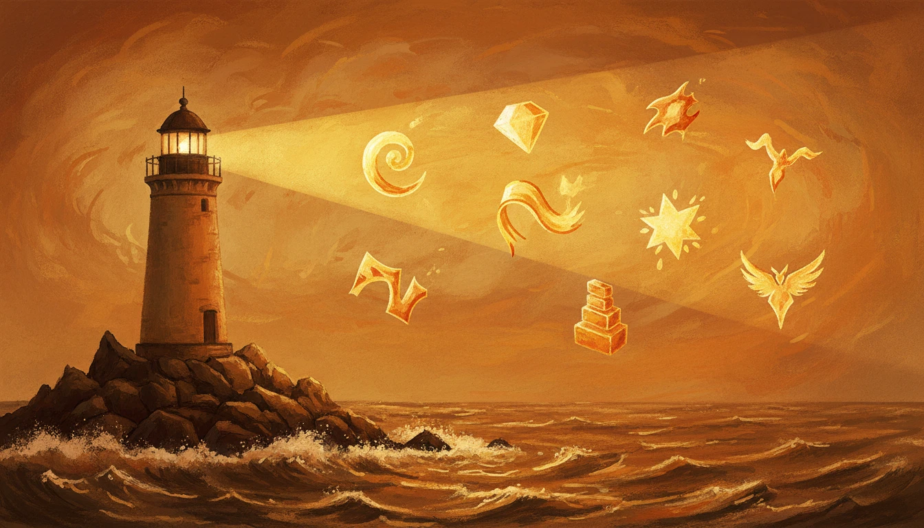 Warm gouache illustration of a lighthouse on a rocky coast, its golden beam cutting through amber fog to illuminate seven distinct glowing shapes in the mist