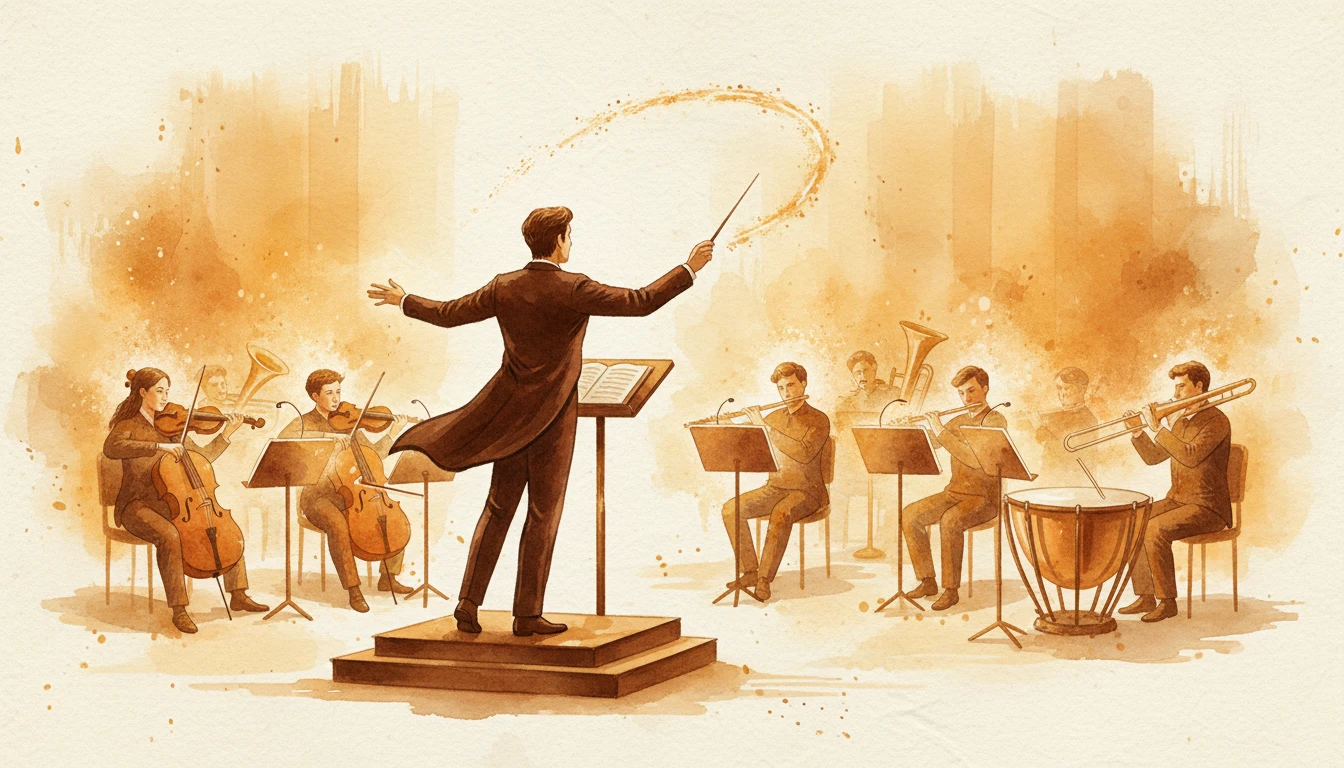Warm watercolor illustration of an orchestra conductor directing distinct instrument sections — representing multi-agent AI orchestration