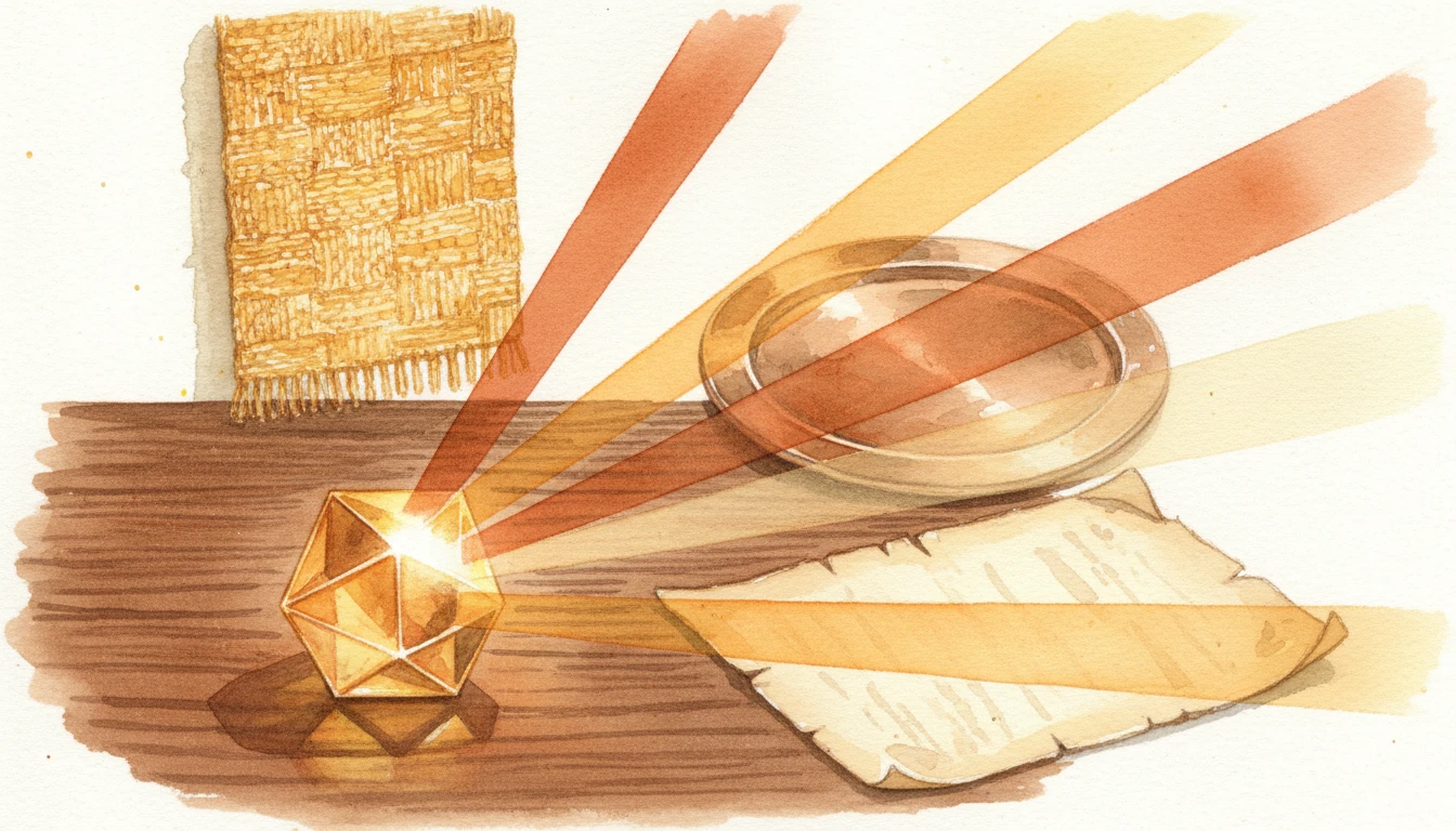 Warm watercolor illustration of a golden crystal prism splitting a single beam of light into a spectrum of amber, copper, and cream rays — representing the decomposition of AI output into evaluable components